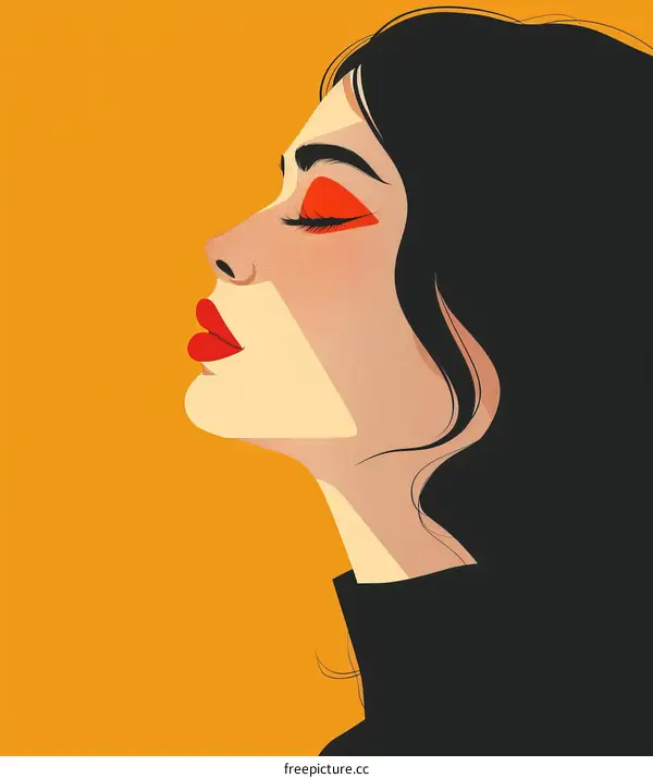 Illustration of a woman with black hair and red lips in profile