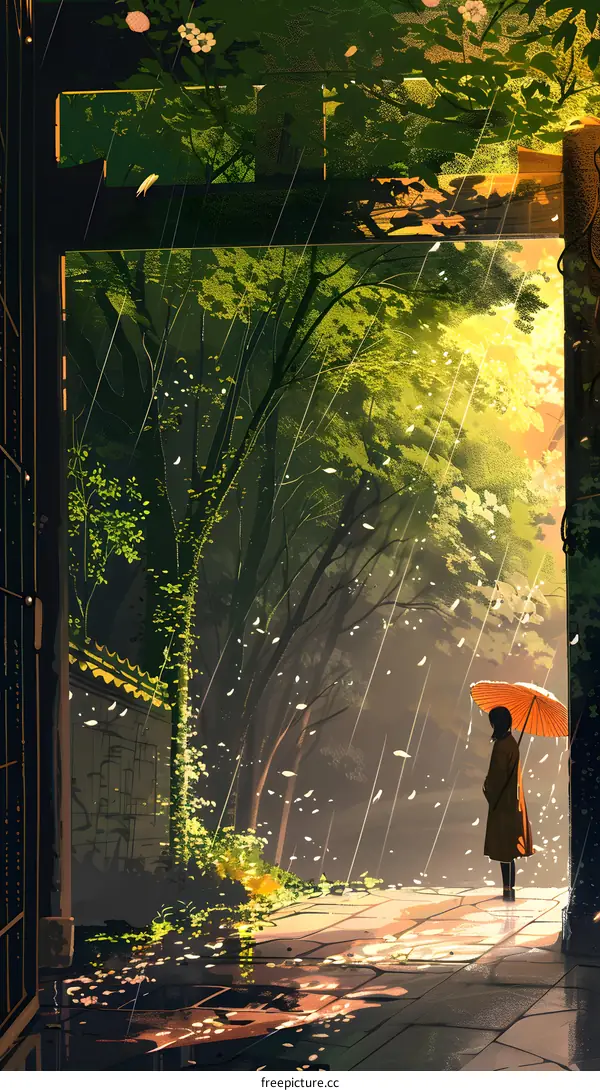 Woman with Umbrella Standing Under Archway in Rainy Forest