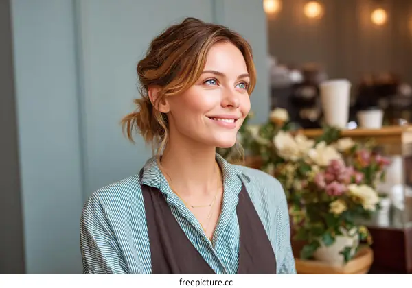 Woman Smiling in Cafe Interior