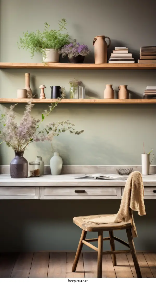 A stylish home office with a green wall and natural wood accents