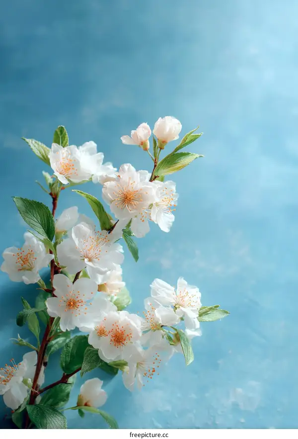 Delicate Spring Blossom Branch against a Light Blue Background