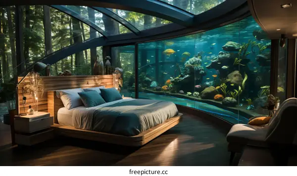 Amazing bedroom with huge curved glass aquarium