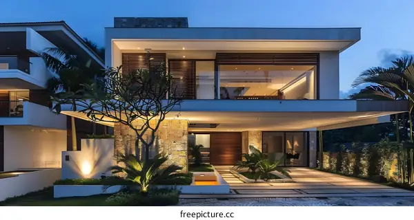 Modern Two Story House with Stone Walls and Palm Trees