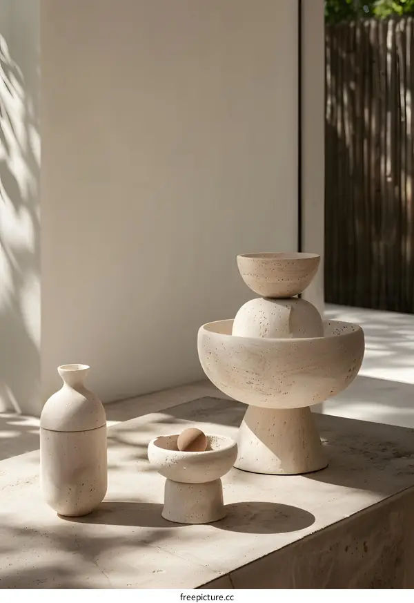 Stoneware Bowls and Vases on a Marble Tabletop