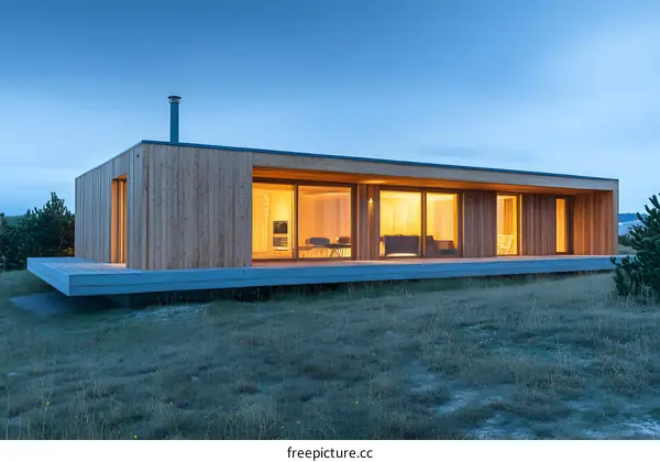 Modern Wooden House with Large Windows at Dusk