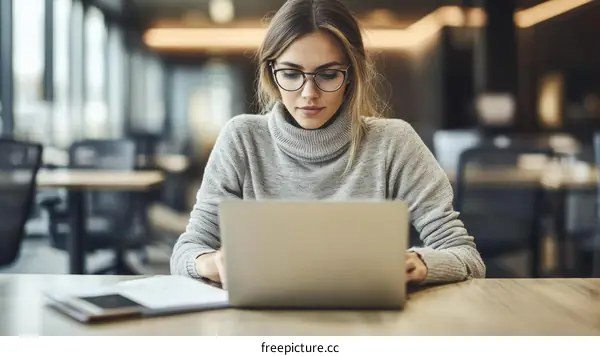 Young Woman Working on a Laptop in a Modern Office