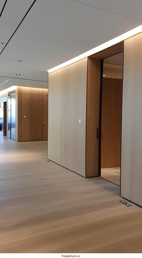 Modern Office Hallway Interior Design with Wooden Walls and Floor
