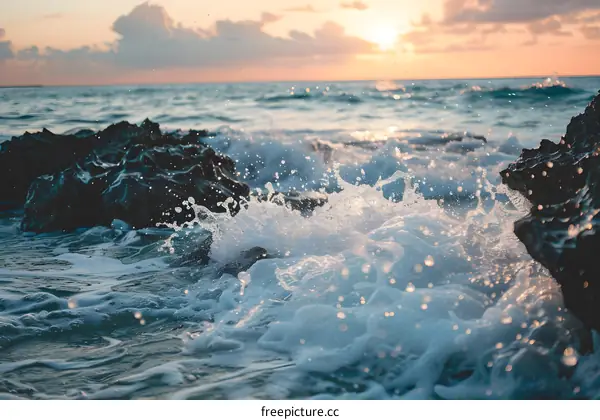 Sea Waves Crashing On Rocks At Sunset
