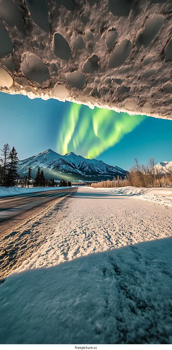 Northern Lights Aurora Borealis Over Snow Covered Mountain Road