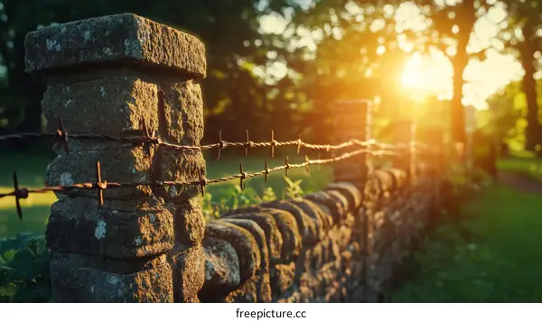 Rustic Stone Wall with Barbed Wire Fence at Sunset