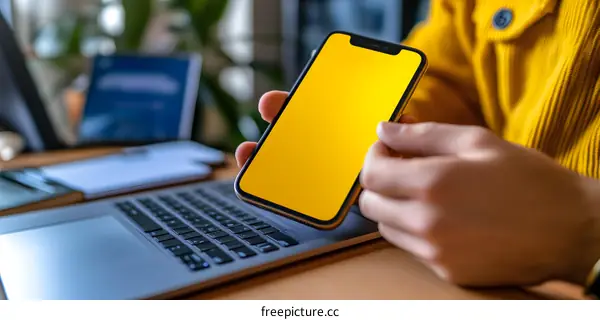 Person Holding Smartphone Over Laptop Keyboard with Blank Screen