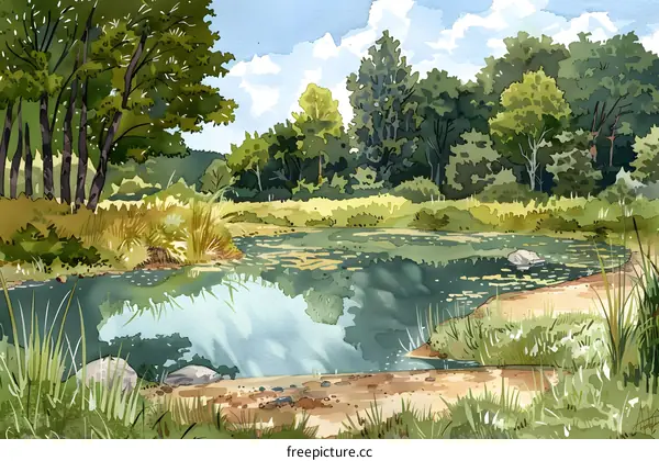 Watercolor Painting of a Forest Pond