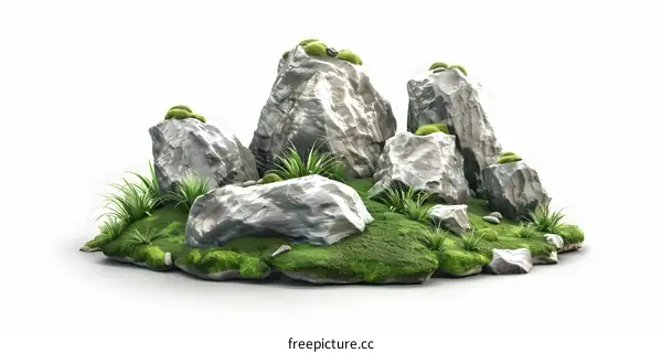 Isolated 3D Render of Rocks with Moss and Grass