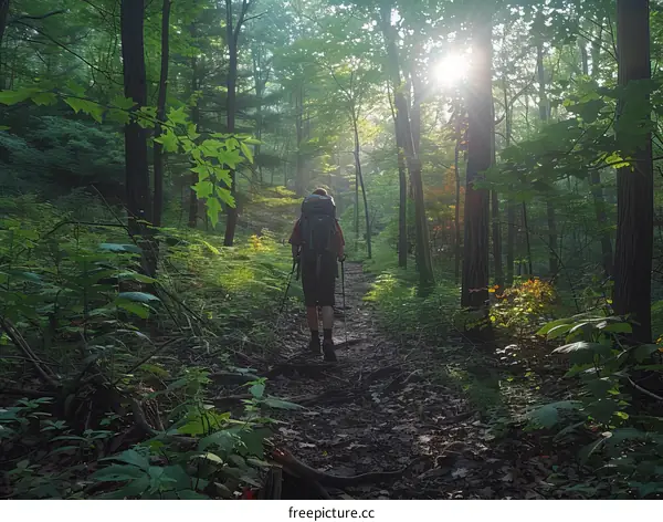 Man hiking in the woods with a backpack on his back