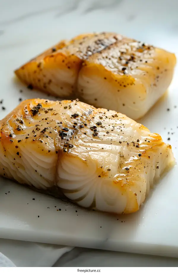 Two pieces of cooked fish fillet