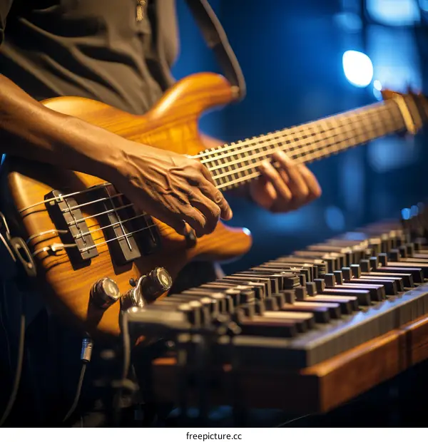 A musician playing bass guitar on stage