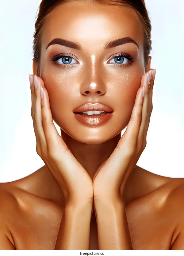 portrait of a beautiful young woman with a tan and blue eyes