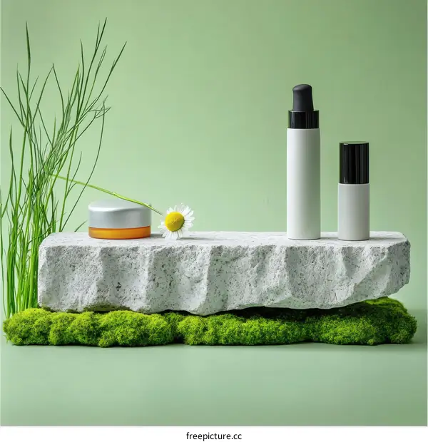 Natural Cosmetic Display on Stone and Moss