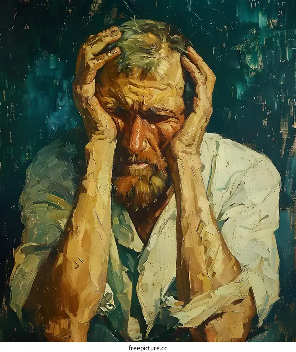 Portrait of a man with a beard holding his head in his hands