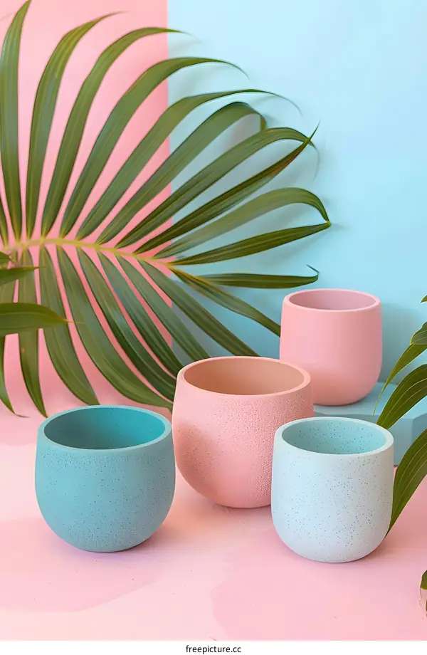 Pastel Colored Pots with Palm Leaf on a Pink and Blue Background