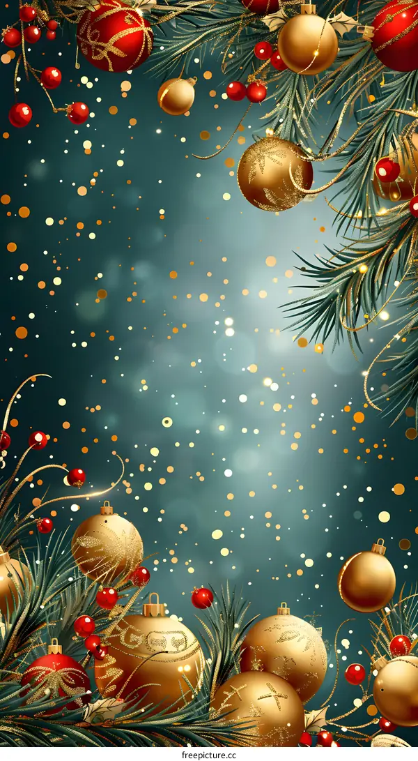 Christmas background with golden and red balls and fir branches