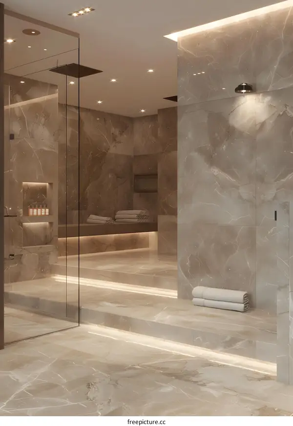 Modern Bathroom Interior Design with Marble Tiles and LED Lighting