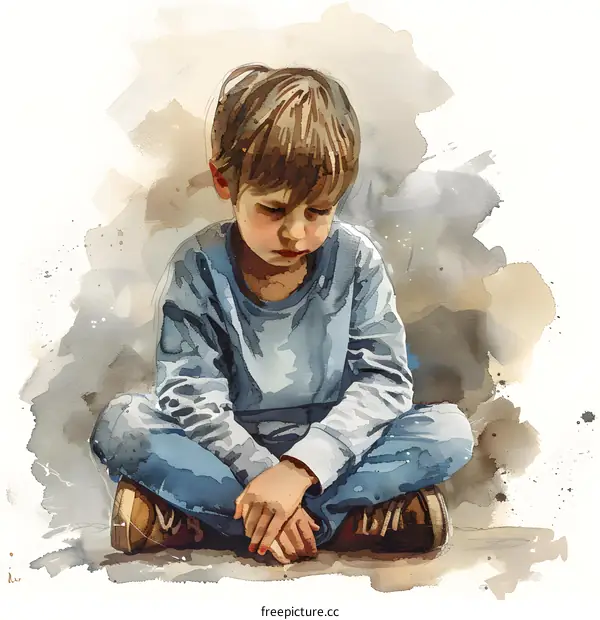 Little Boy in Blue Jeans and Gray Sweatshirt Sitting on the Ground with His Head Down