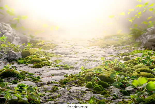 Stone Path Covered with Moss and Green Plants