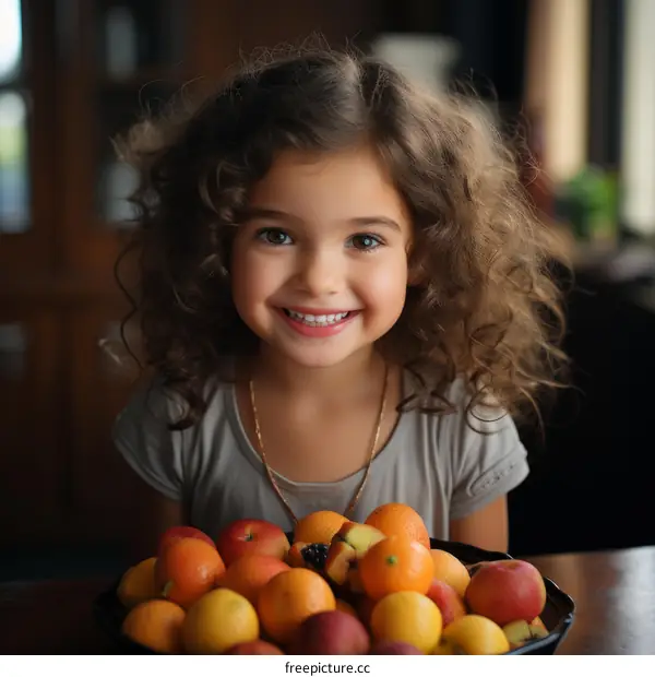 Portrait of a smiling girl with curly hair sitting at a table with a bowl of fruit