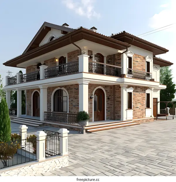European style two-story brick house with balcony and fence