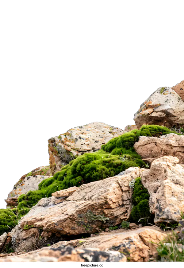 [Transparent Background PNG]Green Moss Covering Rocks With White Background