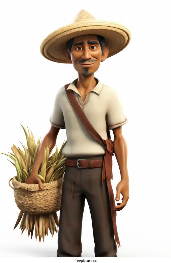 A Hispanic man wearing a straw hat and carrying a basket of wheat