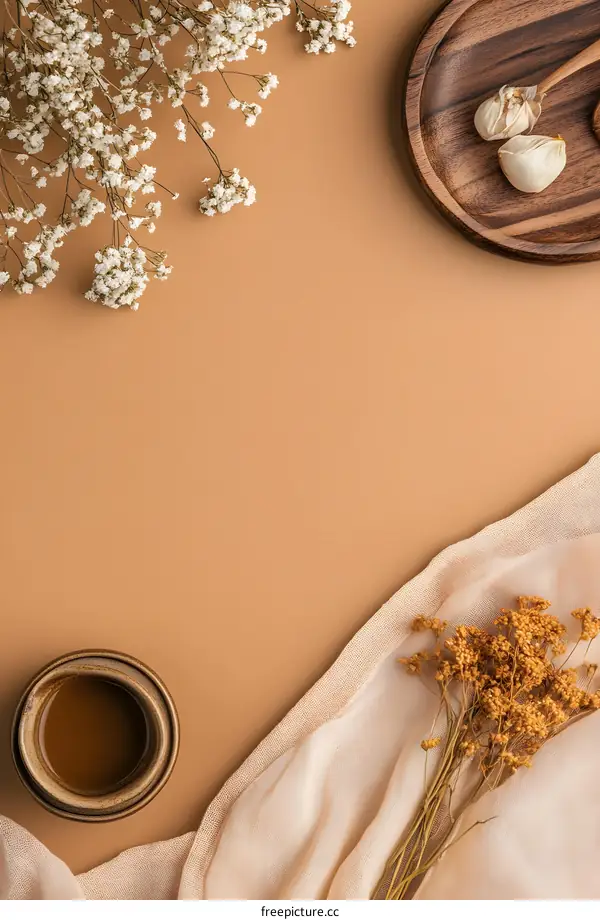 Minimalist Flat Lay with Dried Flowers, Wooden Plate, and Coffee Cup