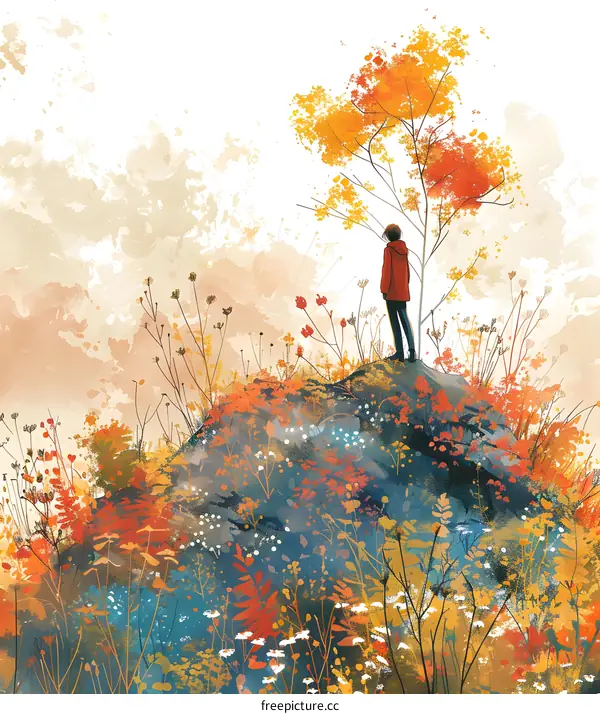 Lonely person standing on a hill and looking at the autumn scenery
