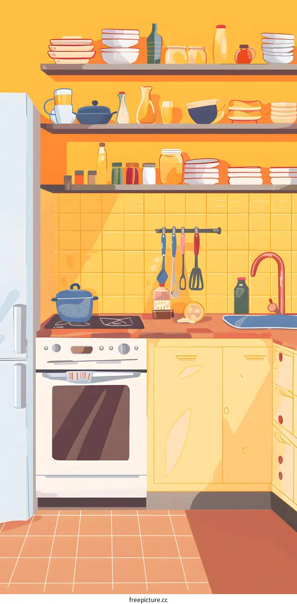 Kitchen Interior Illustration with Yellow Walls and White Cabinets