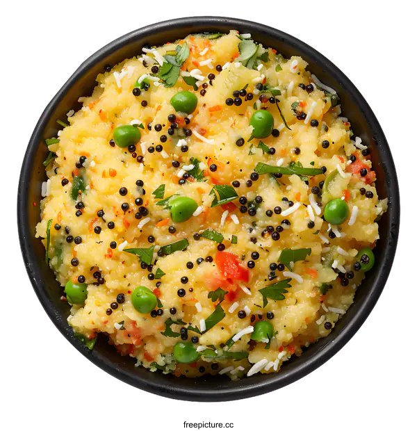 [Transparent Background PNG]Indian breakfast poha in black bowl isolated on white background