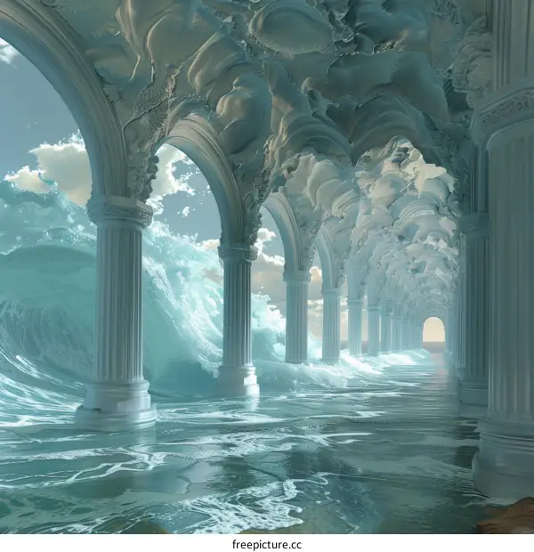 Surreal Flooded Hallway with Ornate Columns