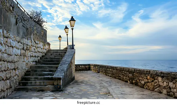 Stone Stairs Leading to the Sea with Street Lights