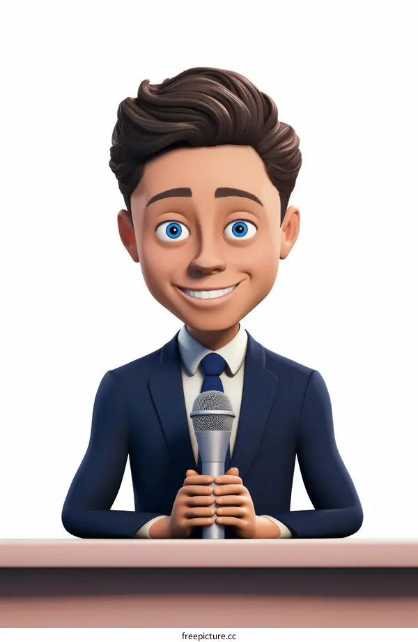3D Cartoon Male News Anchor Smiling and Holding a Microphone