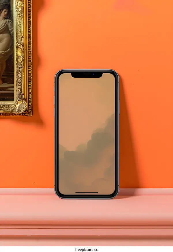 Smartphone with Abstract Cloud Background on a Peach Colored Table