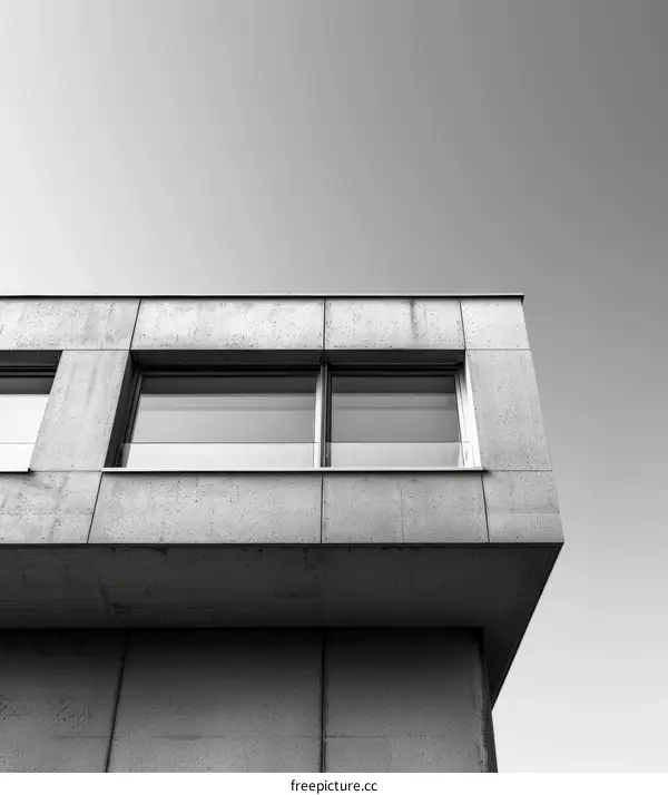 Black and white brutalist building with two windows