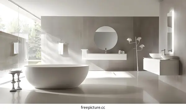 Modern Minimalist Bathroom Design With White Bathtub and Vanity