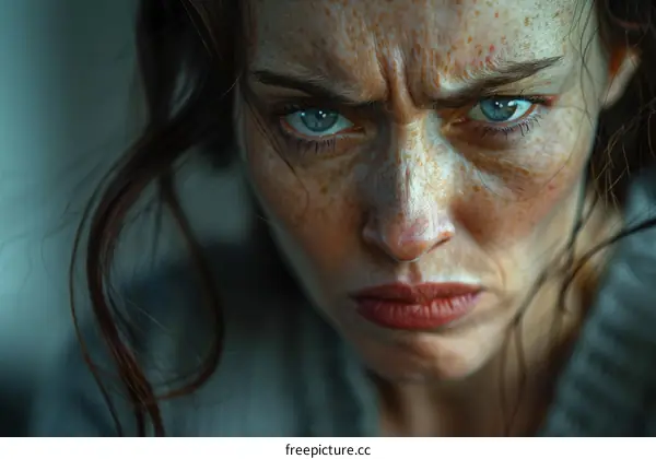 Close-up portrait of a young woman with freckles and blue eyes looking at the camera with an angry expression on her face