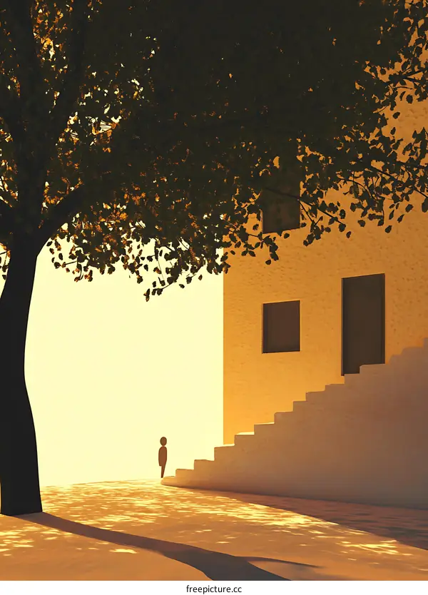 Silhouette of a Person Standing in Front of a Building with Stairs and a Tree