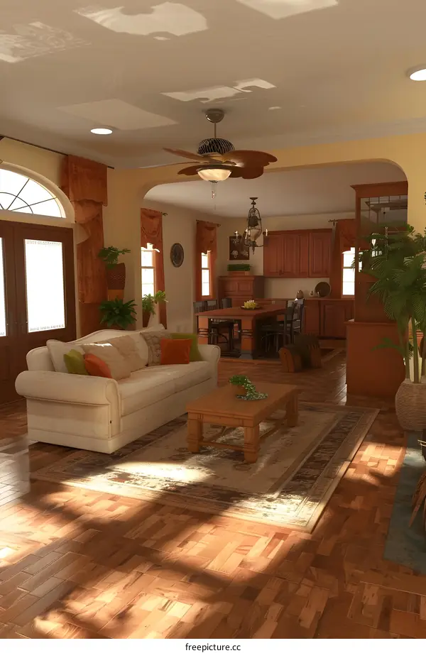 Modern Living Room with Wooden Flooring and Ceiling Fan