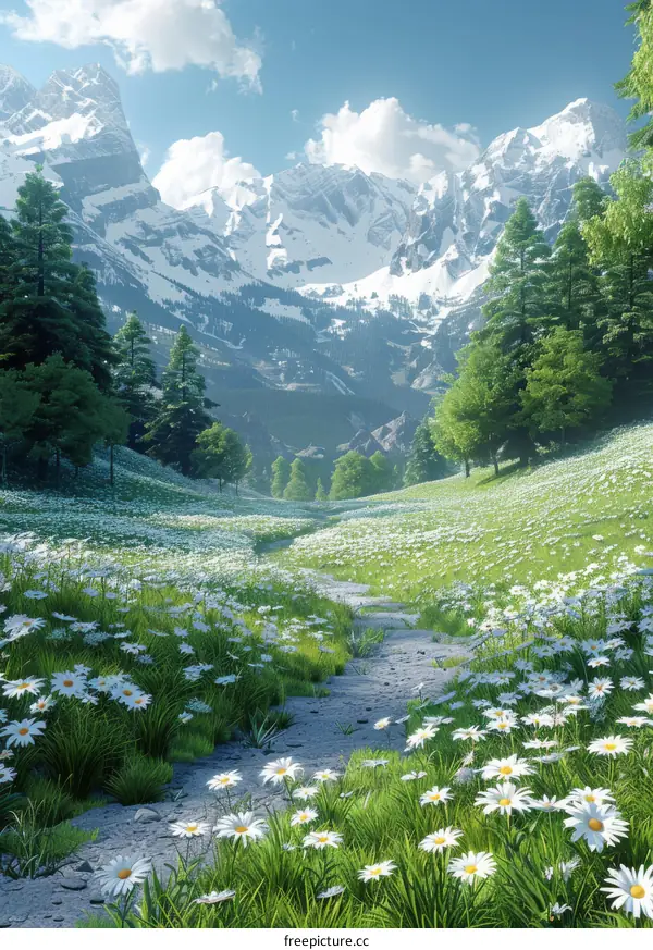 Alpine Meadow and White Flowers with Distant Snow-Capped Mountains