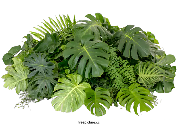 [Transparent Background PNG]Tropical Green Foliage Collection with Monstera and Fern Leaves Isolated on White Background