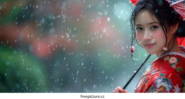 Portrait of a beautiful Asian woman in traditional Japanese kimono holding an umbrella in the rain