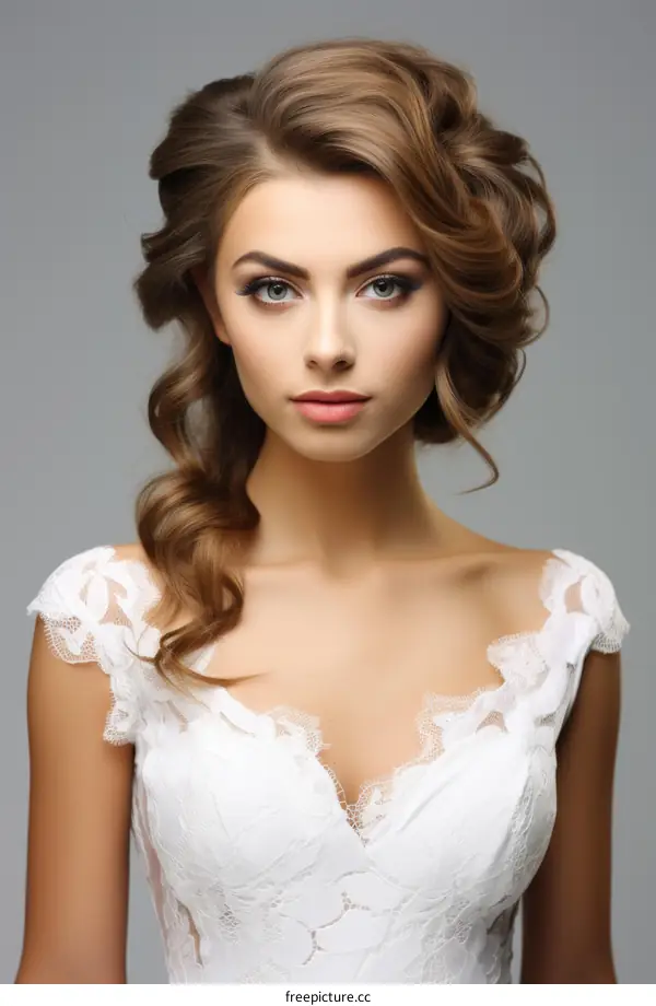 portrait of a beautiful young woman with brown hair and green eyes wearing a white lace dress