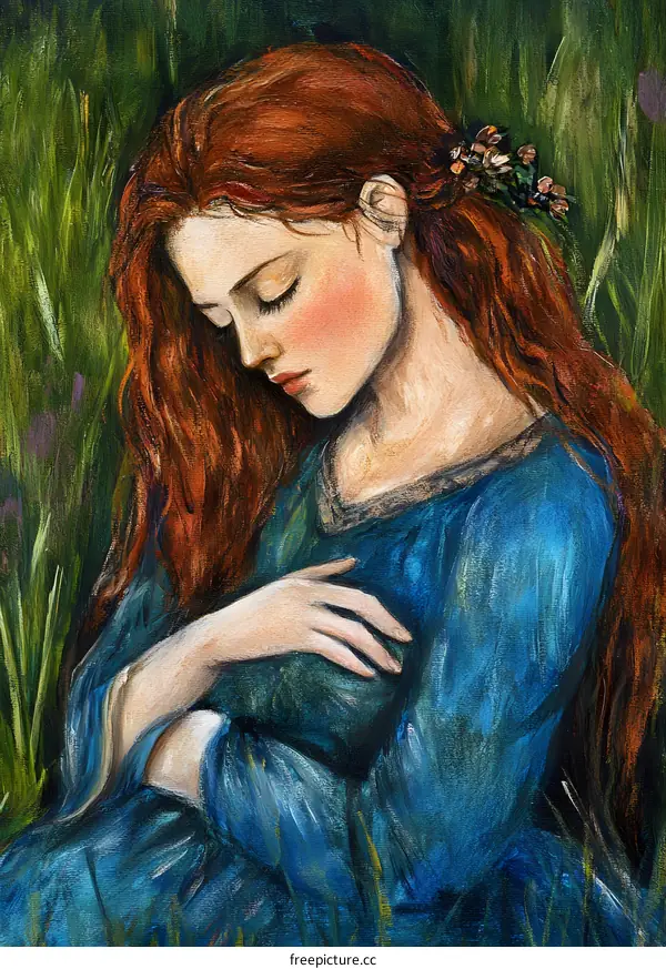 Redhead Woman in Blue Dress Portrait Painting